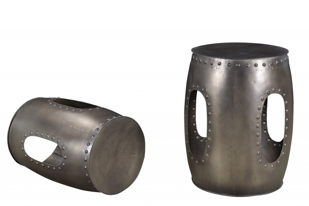 Set of Two Nickel Iron Round Drum End Tables
