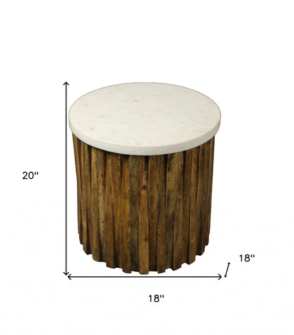 20" Brown And Ivory Marble And Solid Wood Round End Table