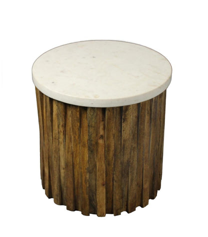 20" Brown And Ivory Marble And Solid Wood Round End Table