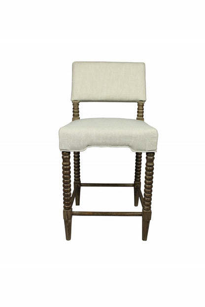 26" Off White And Brown Fabric And Linen And Wood Counter Height Bar Chair