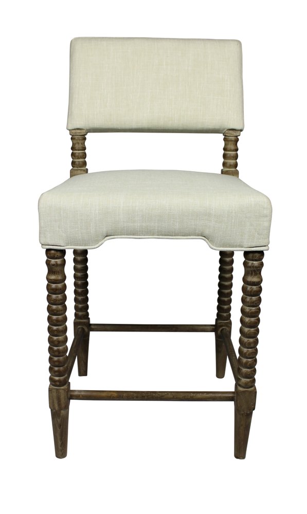 26" Off White And Brown Fabric And Linen And Wood Counter Height Bar Chair