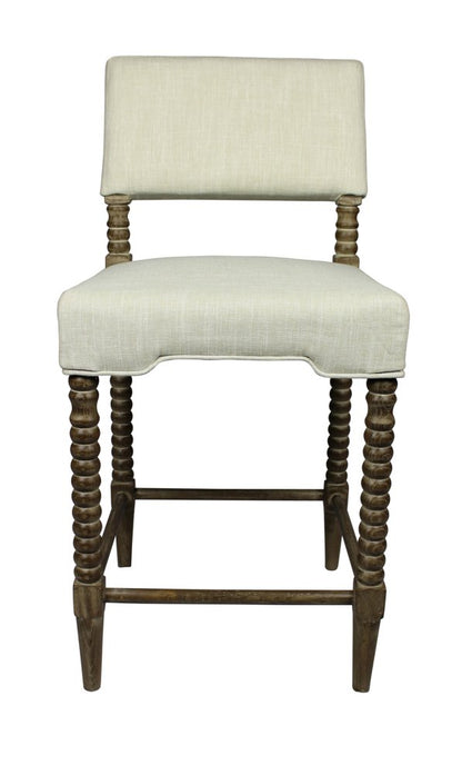 26" Off White And Brown Fabric And Linen And Wood Counter Height Bar Chair