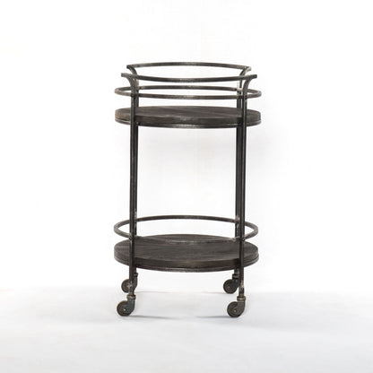 Dark Gray Iron And Solid Wood Round Rolling Bar Cart