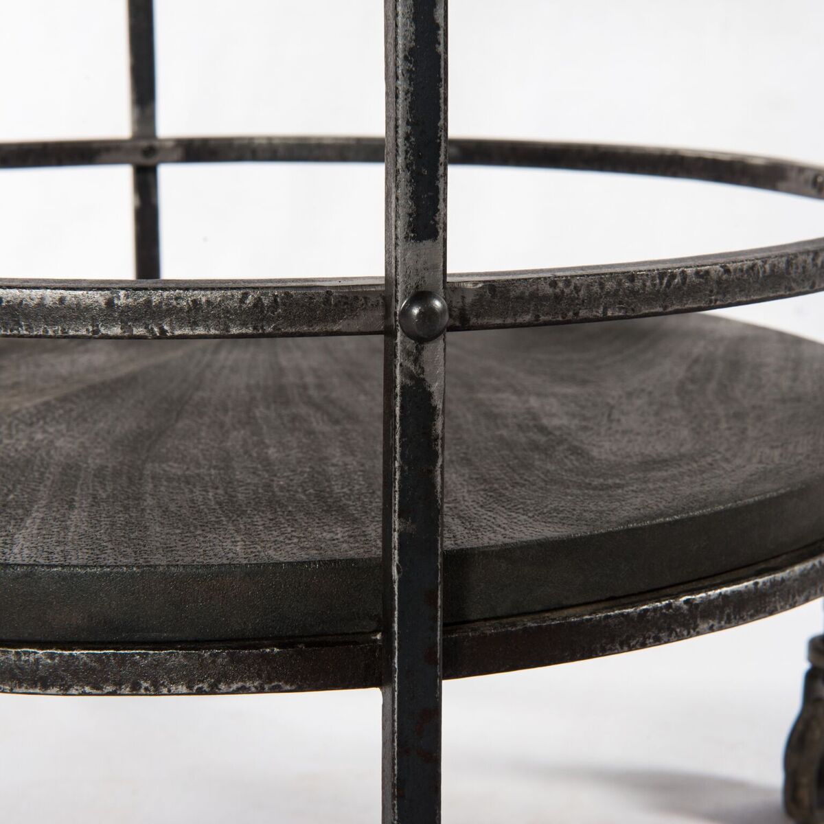 Dark Gray Iron And Solid Wood Round Rolling Bar Cart