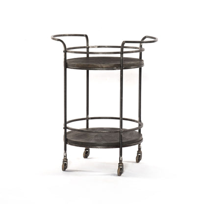 Dark Gray Iron And Solid Wood Round Rolling Bar Cart