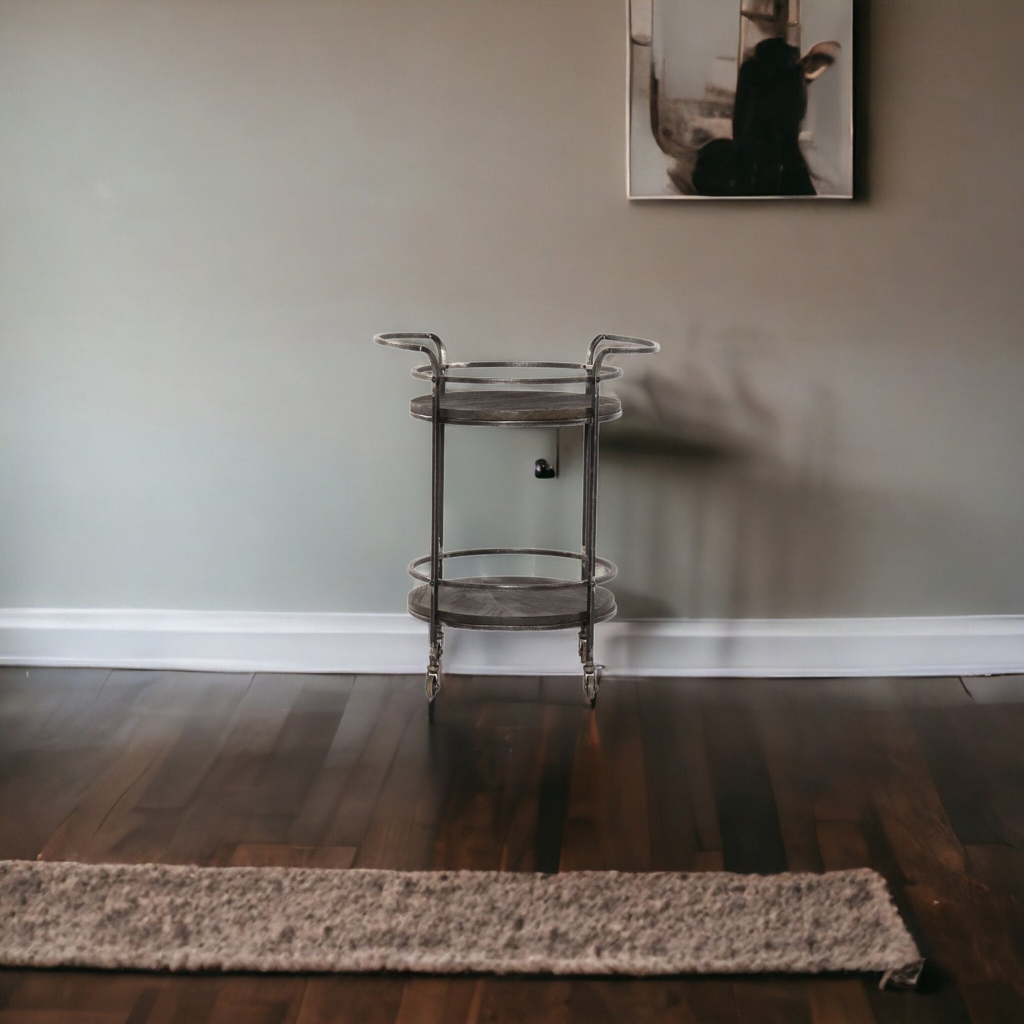 Dark Gray Iron And Solid Wood Round Rolling Bar Cart