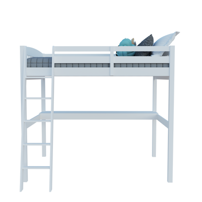 White Solid Wood Full Double Size Loft Bed with Desk and Storage