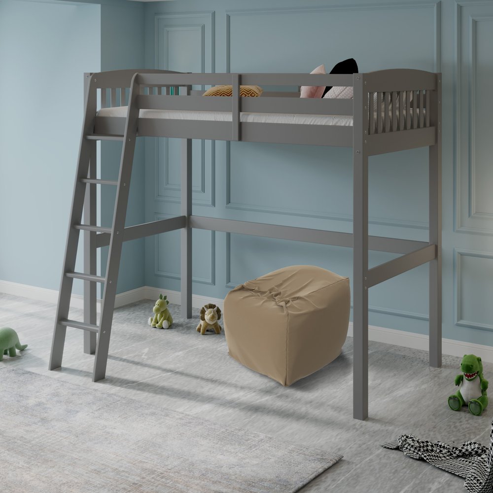 Gray Solid Wood Twin Size Loft Bed with Desk and Storage