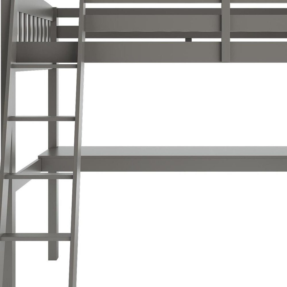Gray Solid Wood Twin Size Loft Bed with Desk and Storage