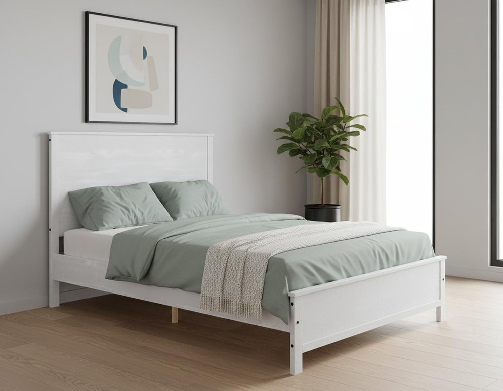 White Shiplap Texture Distressed Solid Wood Queen Bed Frame