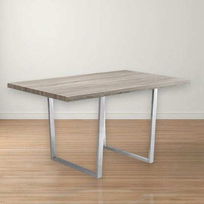 59" Taupe And Silver Solid Wood And Metal Sled Base Dining Table