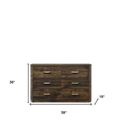 59" Dark Brown Solid and Manufactured Wood Six Drawer Double Dresser