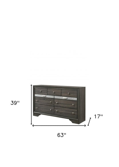 63" Gray And Silver Faux Crystal Bling Wood Nine Drawer Double Dresser
