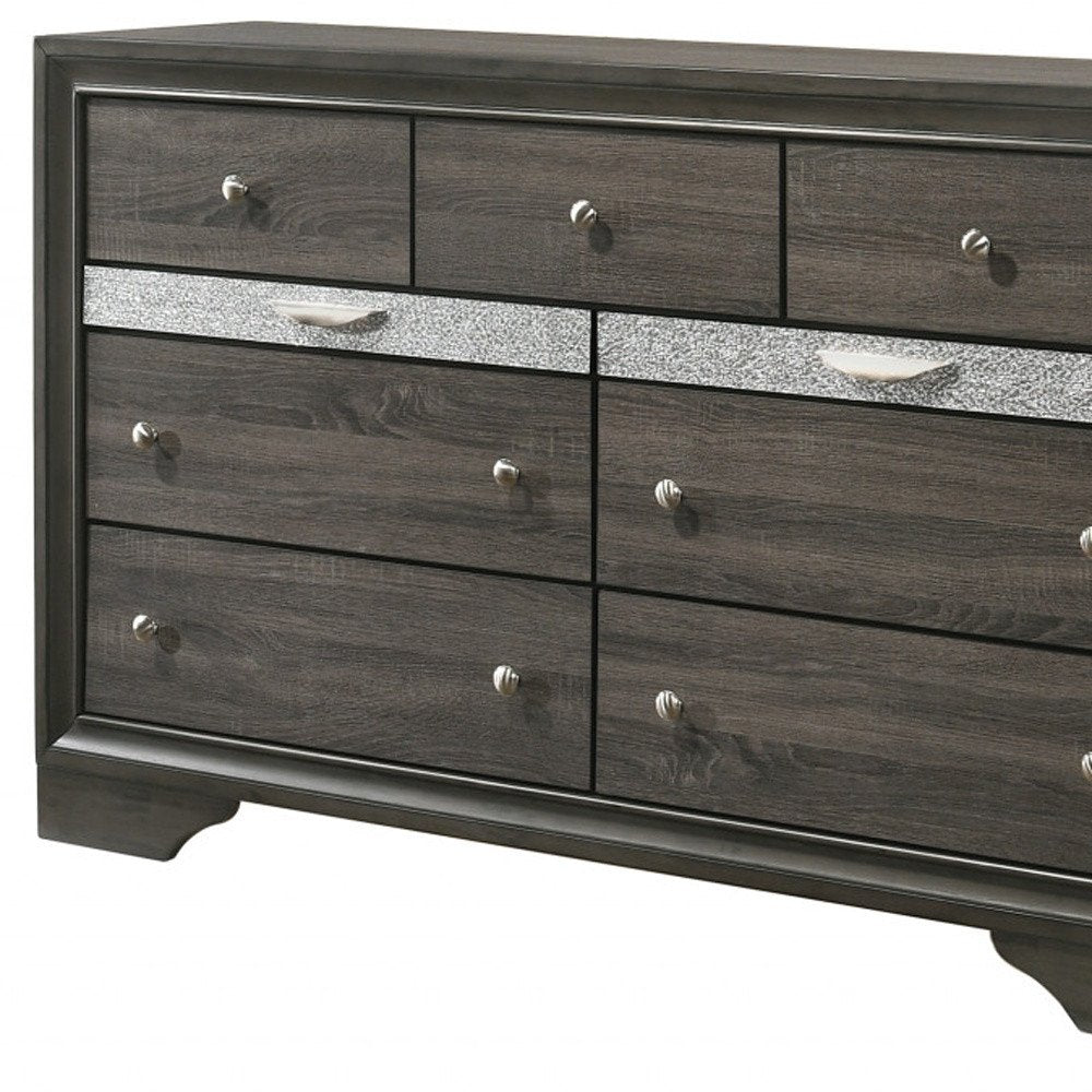 63" Gray And Silver Faux Crystal Bling Wood Nine Drawer Double Dresser
