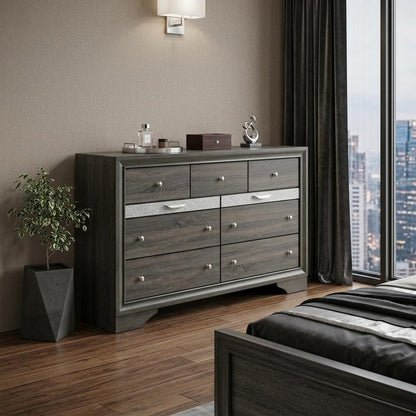 63" Gray Solid and Manufactured Wood Nine Drawer Triple Dresser