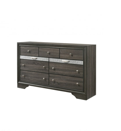 63" Gray And Silver Faux Crystal Bling Wood Nine Drawer Double Dresser