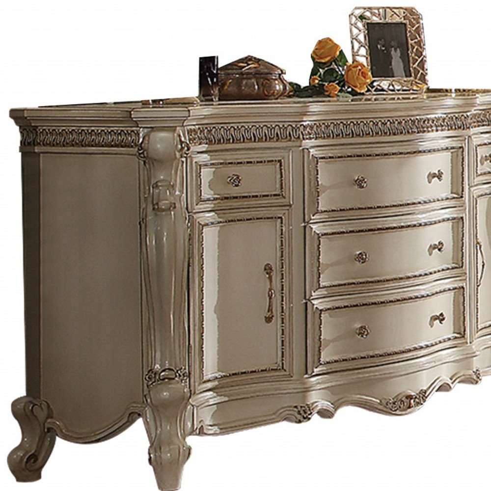 37" Pearl Carved Geometric Wood Two Door Five Drawer Combo Dresser