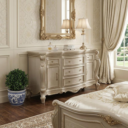 37" Pearl Carved Geometric Wood Two Door Five Drawer Combo Dresser