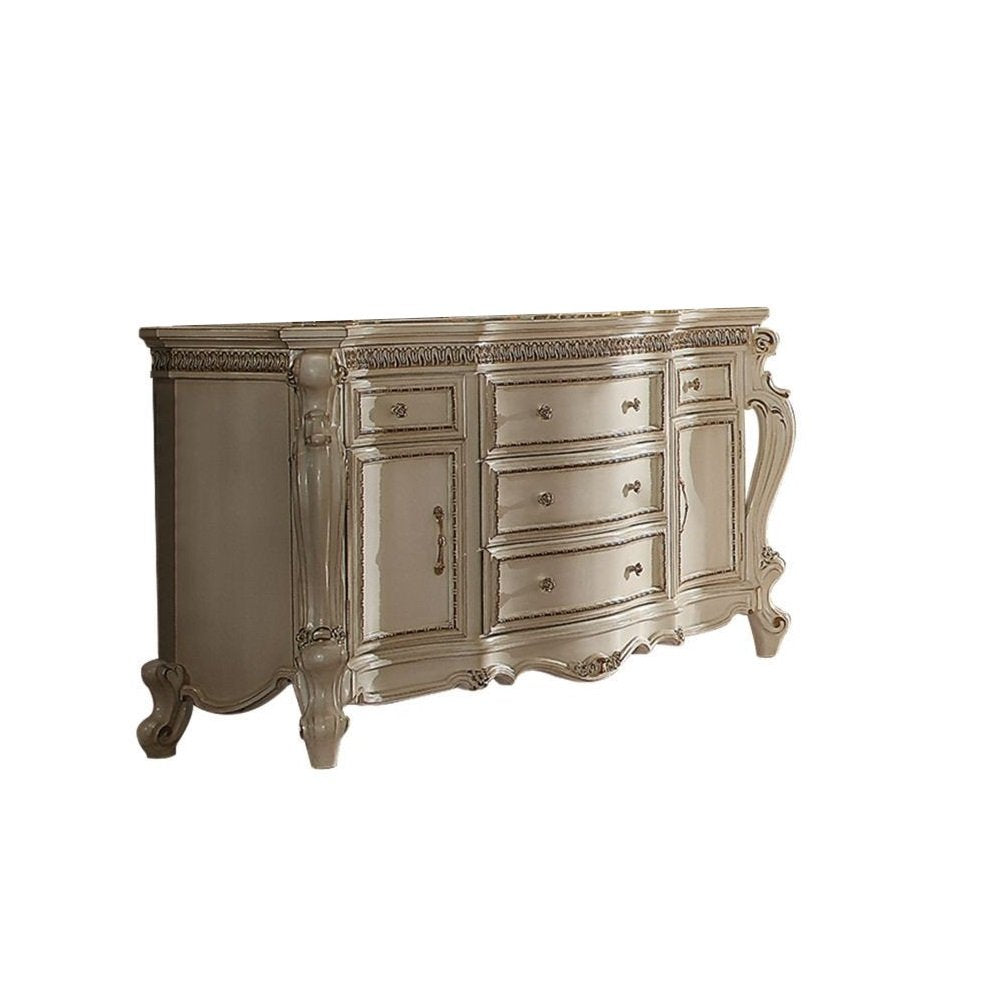 37" Pearl Carved Geometric Wood Two Door Five Drawer Combo Dresser