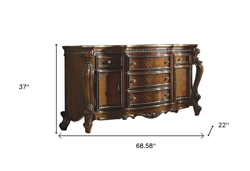37" Brown Carved Geometric Wood Two Door Five Drawer Combo Dresser