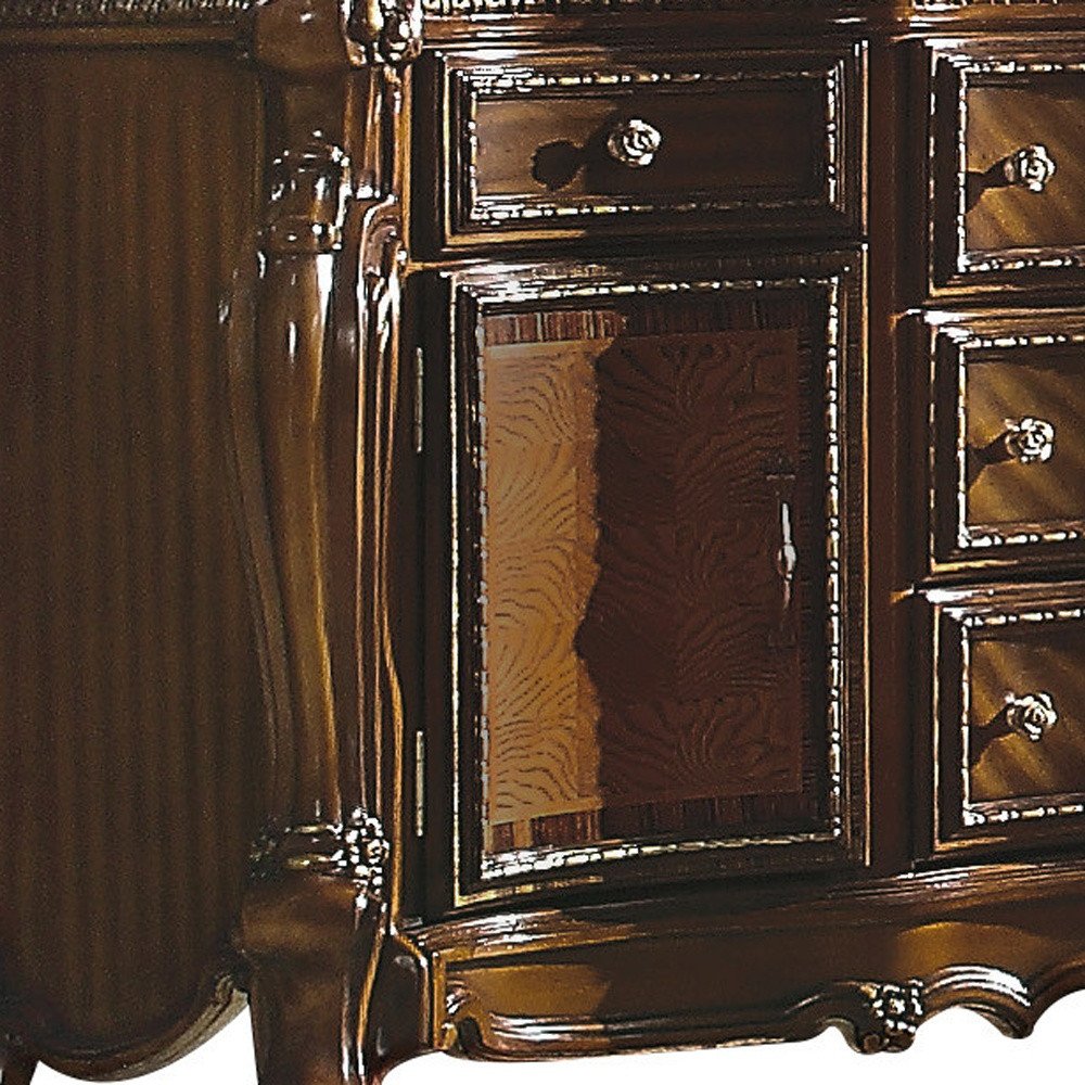 37" Brown Carved Geometric Wood Two Door Five Drawer Combo Dresser
