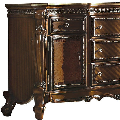 37" Brown Carved Geometric Wood Two Door Five Drawer Combo Dresser