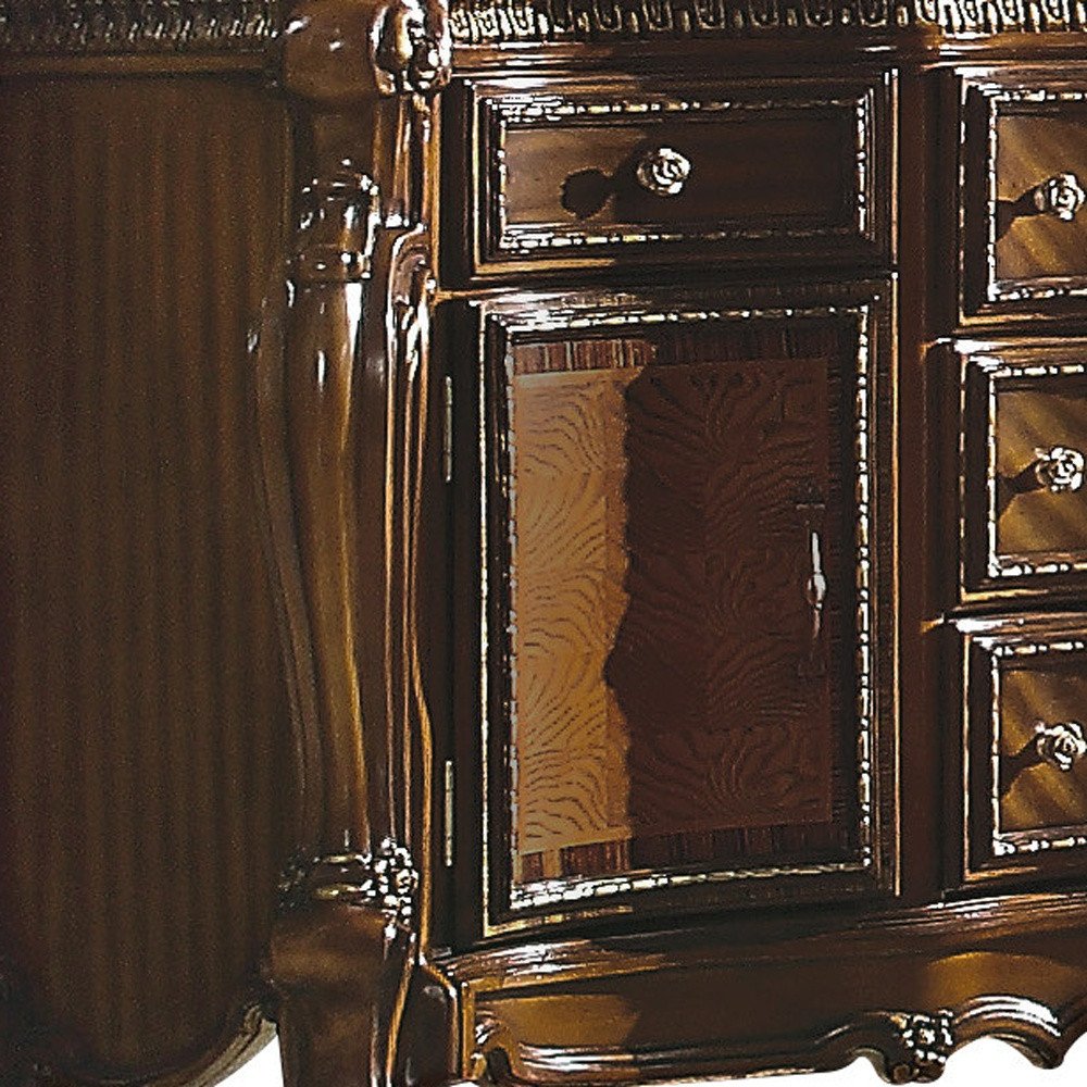 37" Brown Carved Geometric Wood Two Door Five Drawer Combo Dresser
