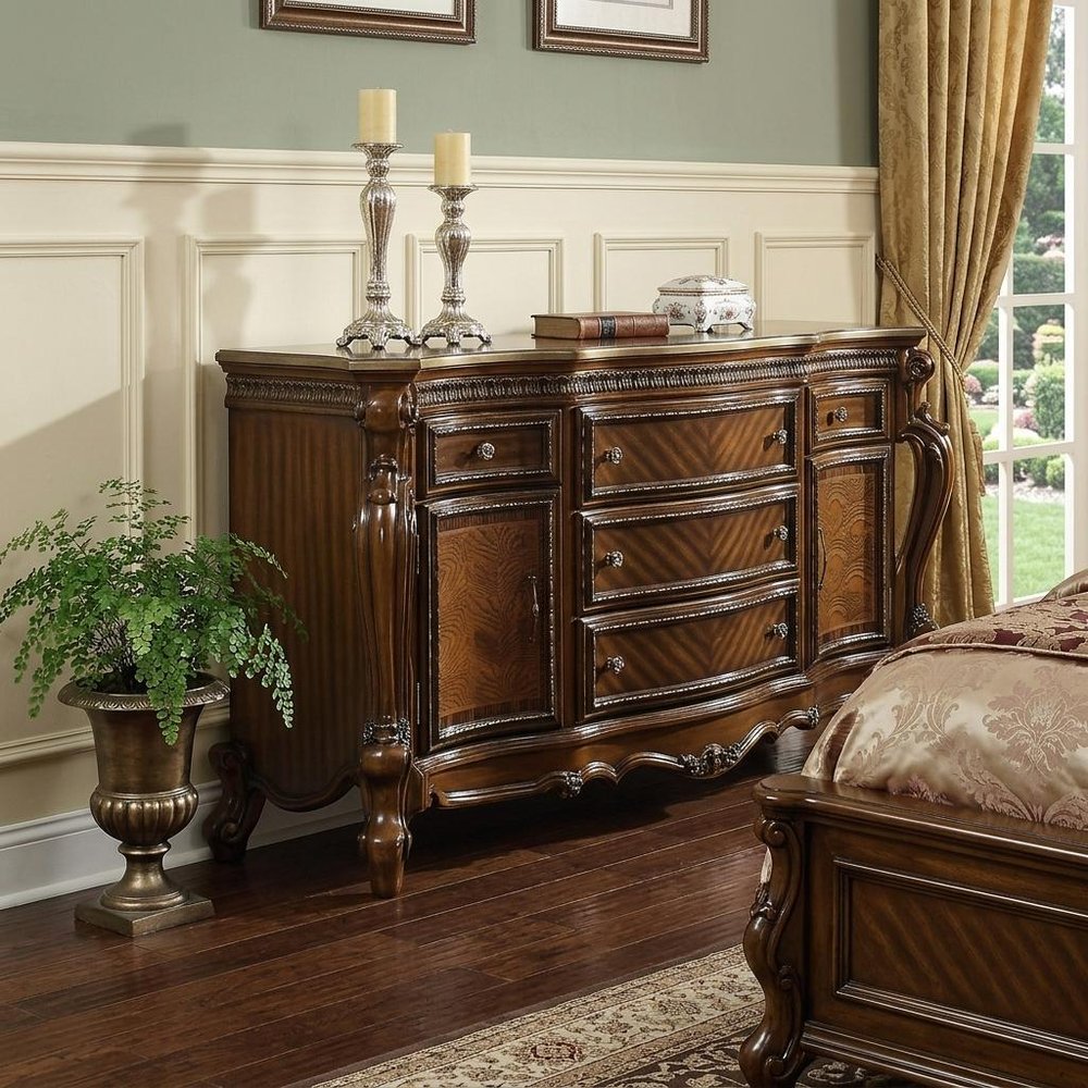 37" Brown Carved Geometric Wood Two Door Five Drawer Combo Dresser