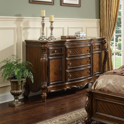 37" Brown Carved Geometric Wood Two Door Five Drawer Combo Dresser