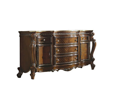 37" Brown Carved Geometric Wood Two Door Five Drawer Combo Dresser
