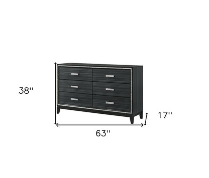 63" Black Wood Six Drawer Double Dresser