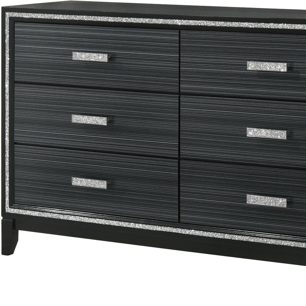 63" Black Wood Six Drawer Double Dresser