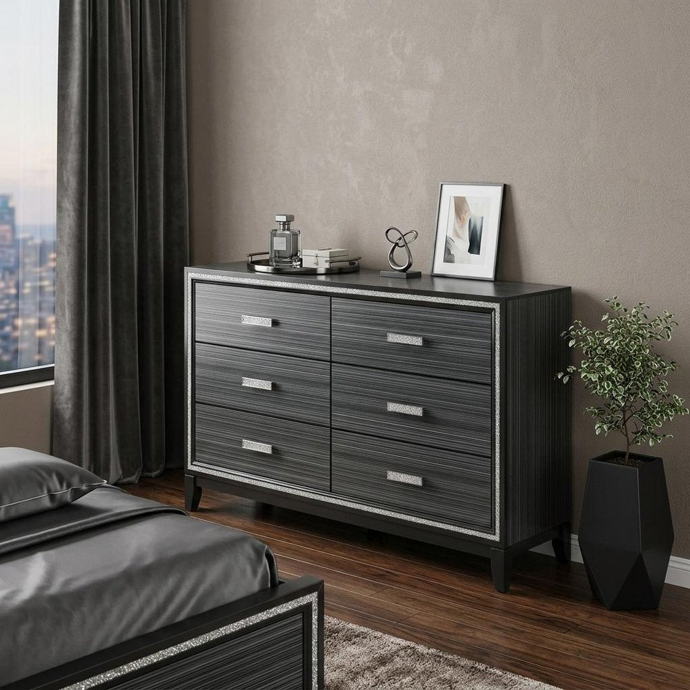 63" Black Solid and Manufactured Wood Six Drawer Double Dresser