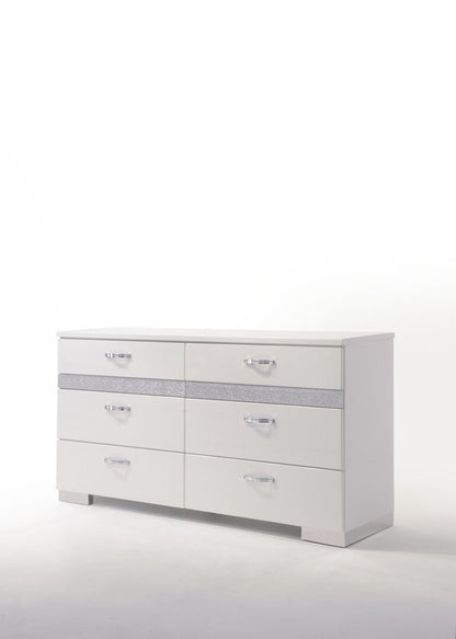 63" White And Silver Faux Crystal Bling Wood Eight Drawer Double Dresser