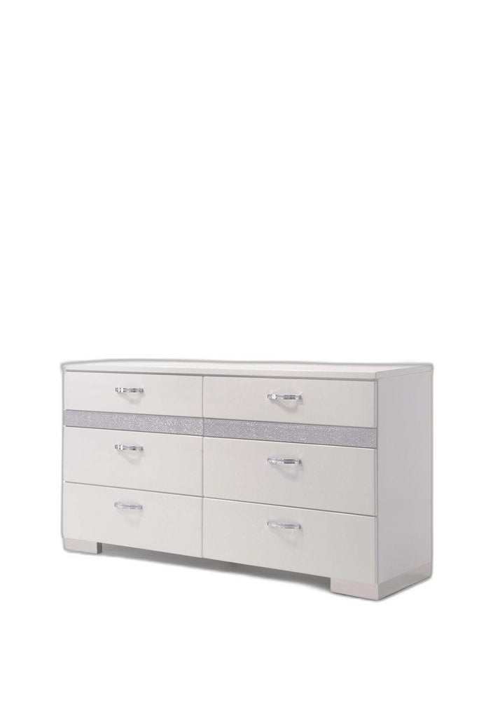 63" White And Silver Faux Crystal Bling Wood Eight Drawer Double Dresser