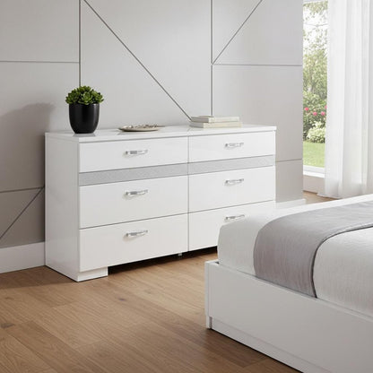 63" White And Silver Faux Crystal Bling Wood Eight Drawer Double Dresser