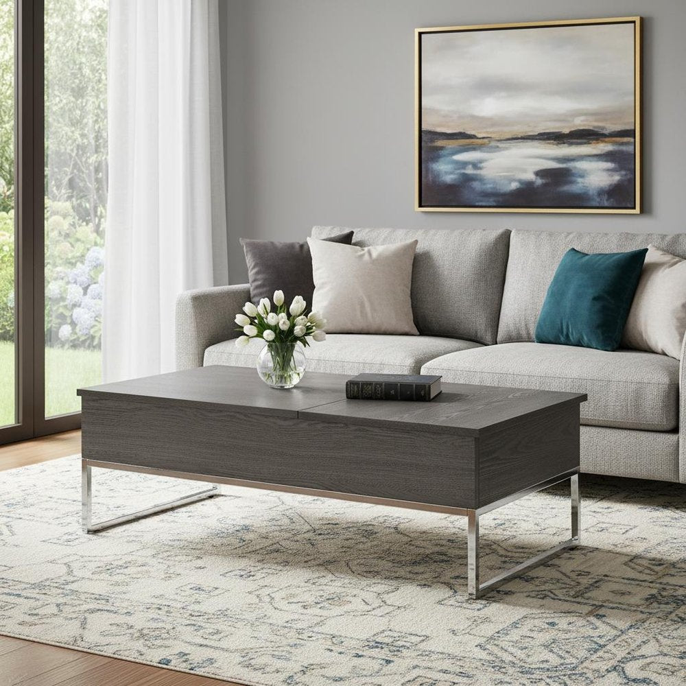 47" Gray and Silver Wood Lift Top Frame Coffee Table