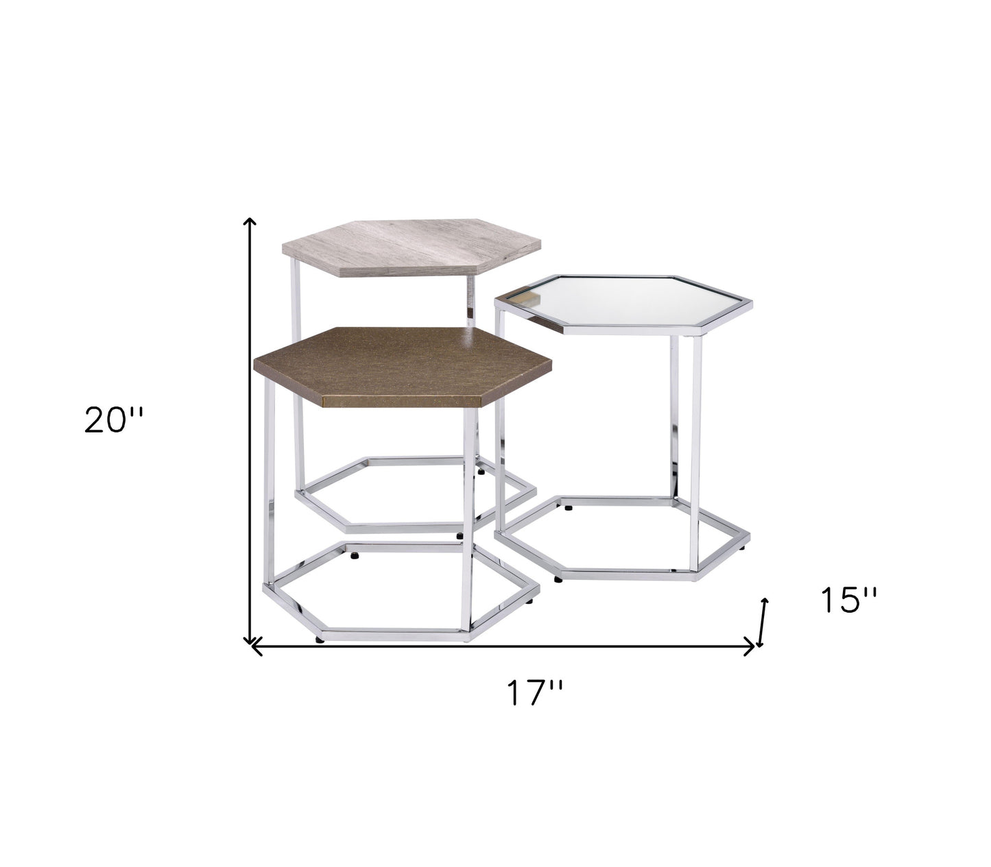 17" Chrome And Taupe Manufactured Wood And Metal Hexagon Nested Coffee Tables