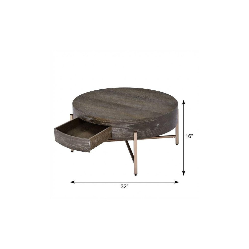 32" Dark Brown and Champagne Wood And Metal Round Sled Coffee Table With Drawer