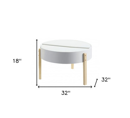 32" White and Natural Wood And Solid Wood Round Coffee Table