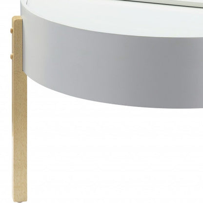 32" White and Natural Wood And Solid Wood Round Coffee Table