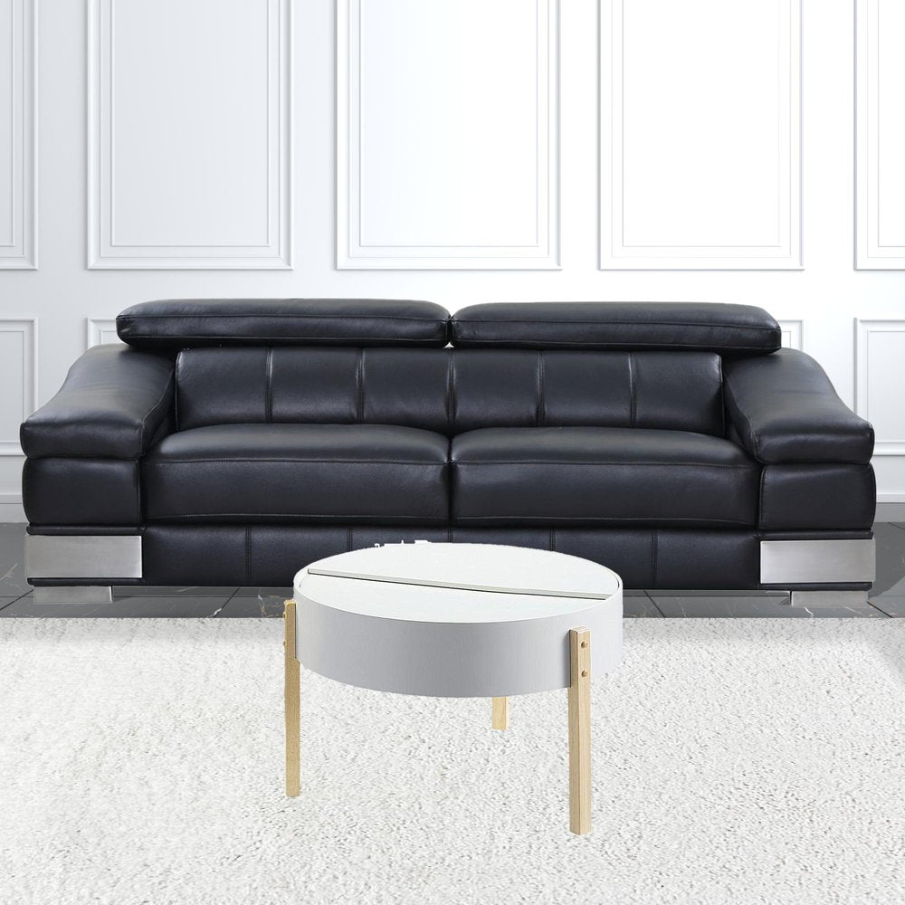 32" White and Natural Wood And Solid Wood Round Coffee Table