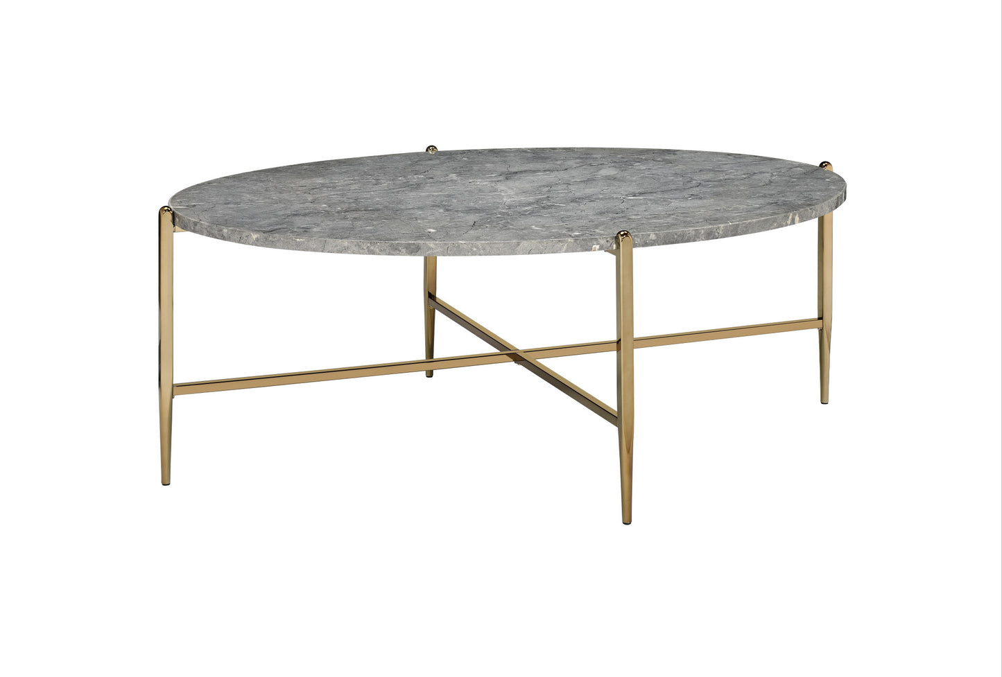 48" Gray And Champagne Faux Marble And Metal Oval Coffee Table