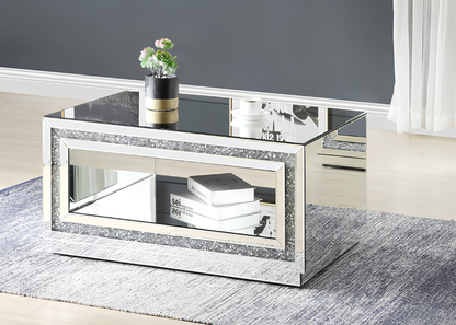 35" Silver Glass Mirrored Coffee Table With Shelf