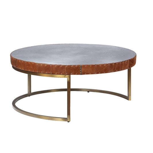 36" Brown and Silver Genuine Leather And Metal Round Frame Coffee Table