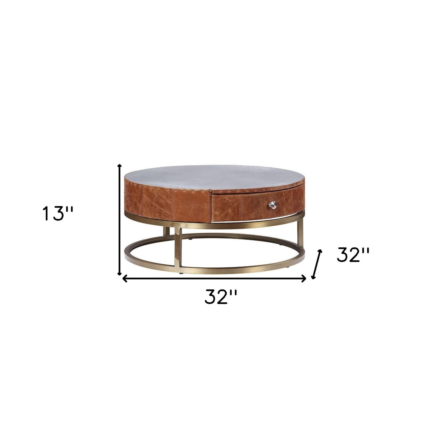 32" Cocoa And Silver Aluminum Round Coffee Table With Drawer