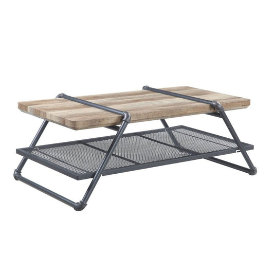 47" Natural and Gray Metal Sled Coffee Table With Shelf