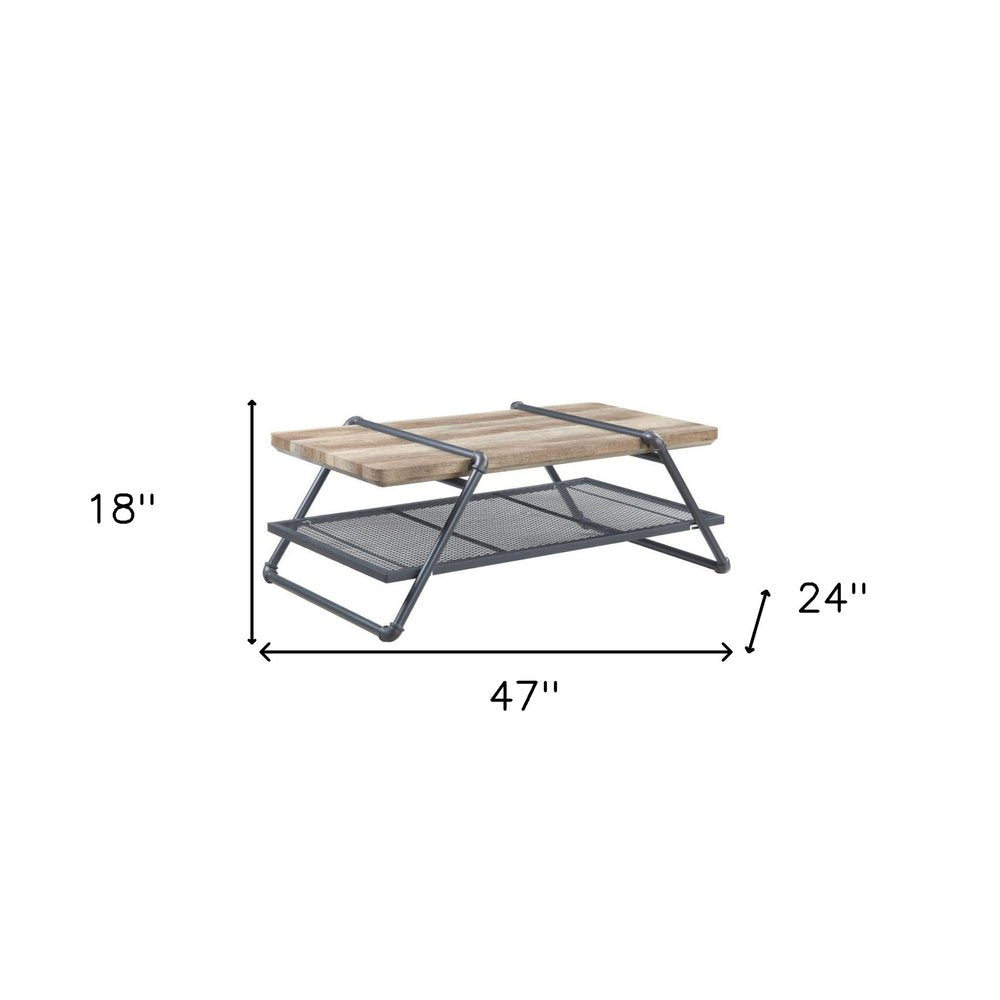 47" Natural and Gray Metal Sled Coffee Table With Shelf