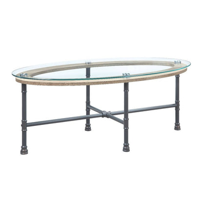 47" Clear and Gray Glass And Metal Oval Sled Coffee Table