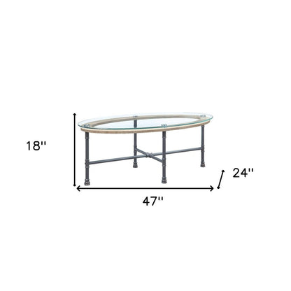 47" Clear and Gray Glass And Metal Oval Sled Coffee Table